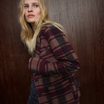 MOS MOSH Manja Comi oversized blazer in burgundy and pink check, worn by a model, front view