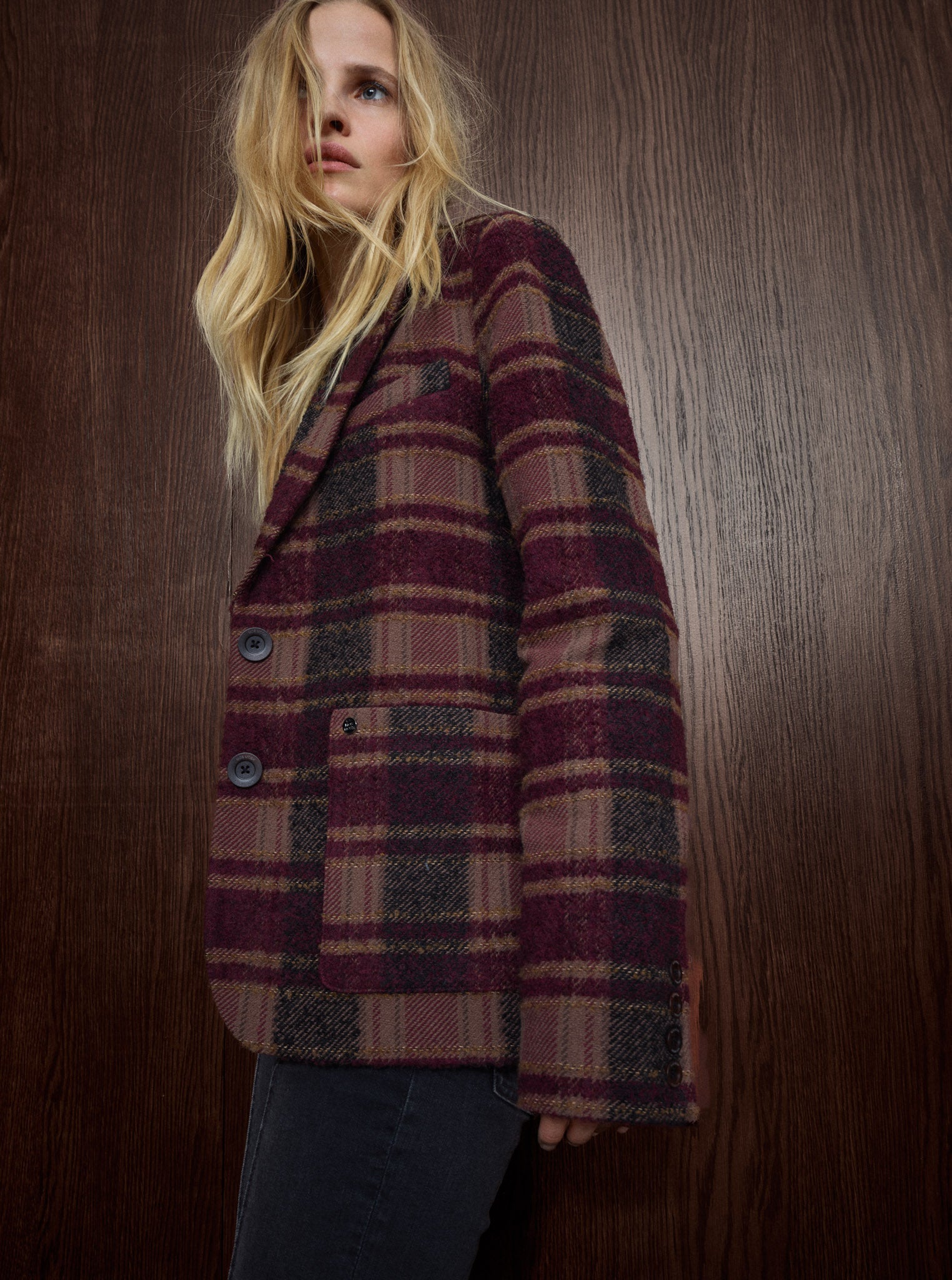 MOS MOSH Manja Comi oversized blazer in burgundy and pink check, side view
