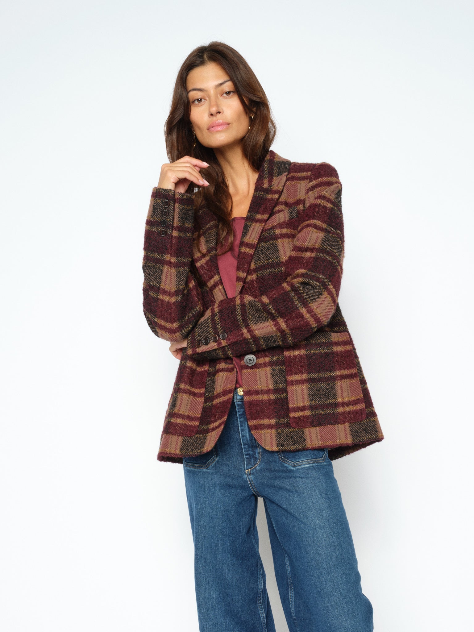 MOS MOSH Manja Comi oversized blazer in burgundy and pink check