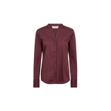 MOS MOSH Matthea fitted shirt in Port Royale with a V-neckline and satin finish, front view