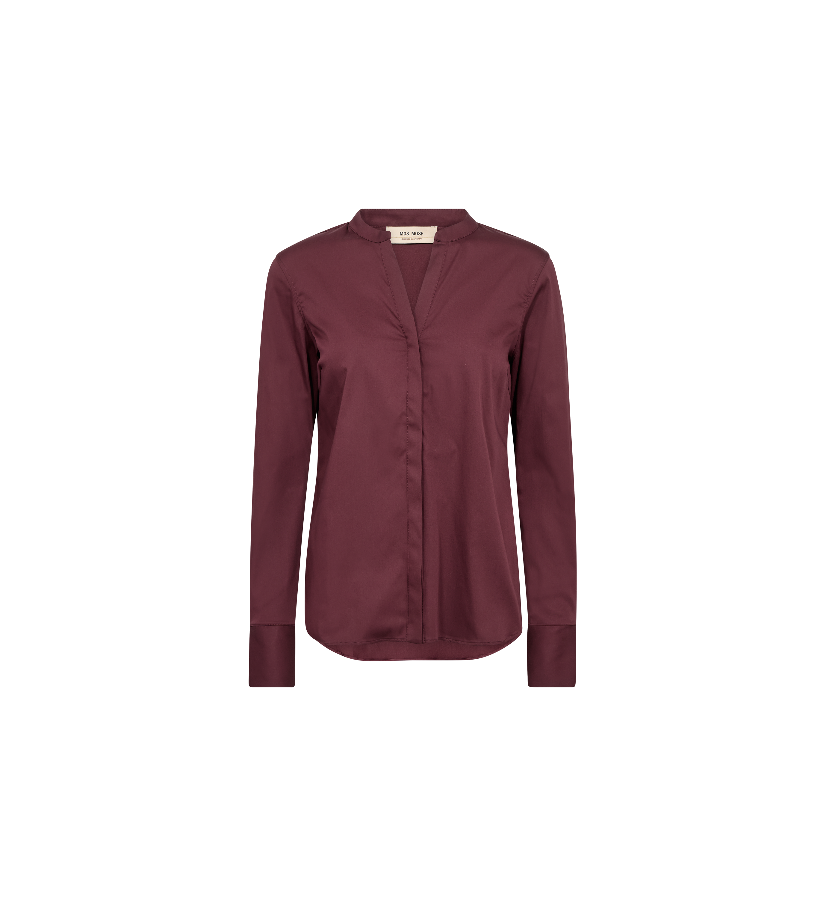 MOS MOSH Matthea fitted shirt in Port Royale with a V-neckline and satin finish, front view