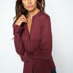 MOS MOSH Matthea fitted shirt in Port Royale with a V-neckline and satin finish, worn by a model, front view