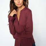 MOS MOSH Matthea fitted shirt in Port Royale with a V-neckline and satin finish, worn by a model, front view