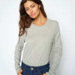 MOS MOSH Millie long-sleeve tee in grey melange with a round neck, worn by a model