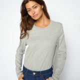 MOS MOSH Millie long-sleeve tee in grey melange with a round neck, worn by a model