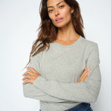 MOS MOSH Millie long-sleeve tee in grey melange with a round neck, worn by a model