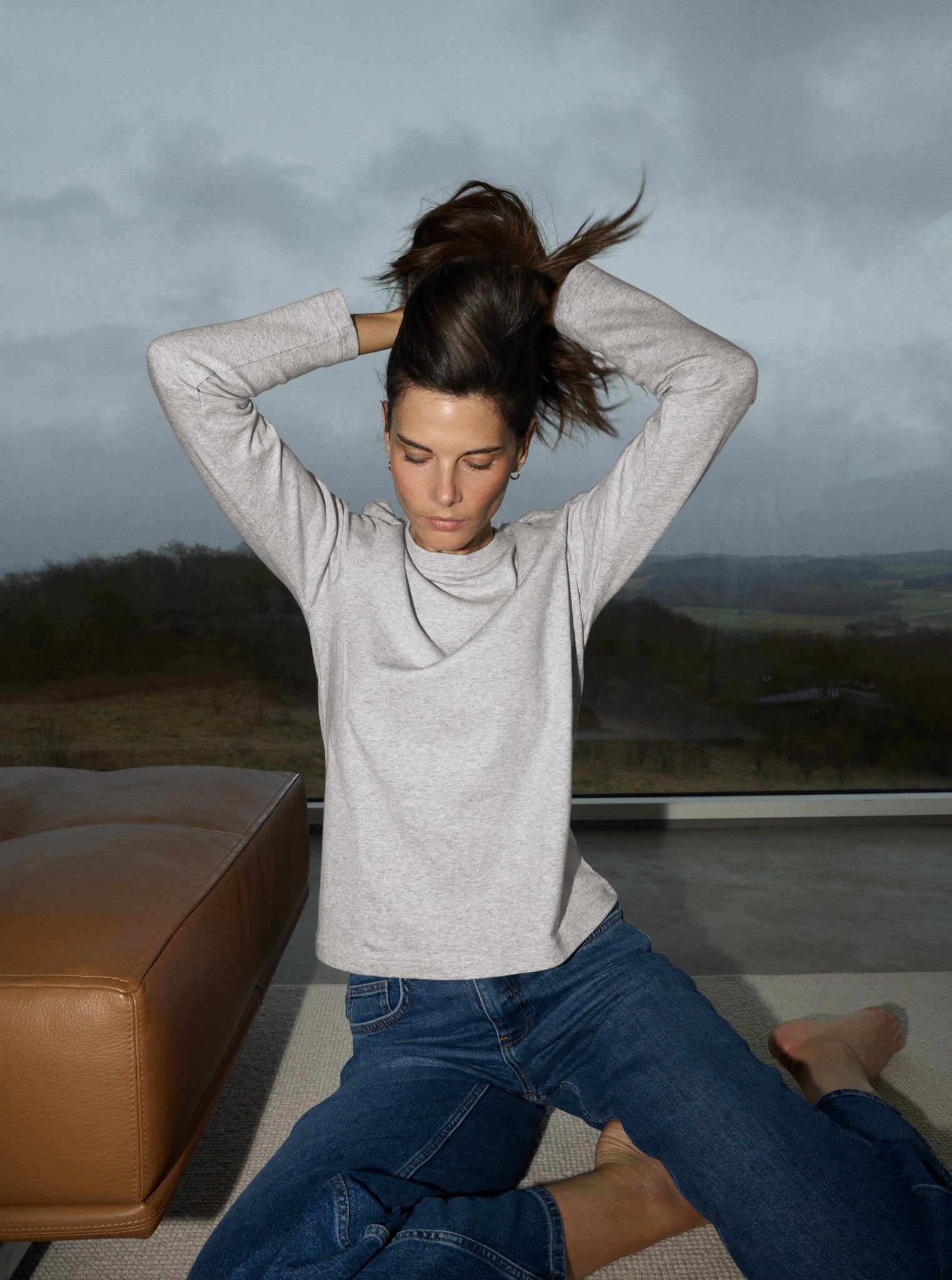 MOS MOSH Millie long-sleeve tee in grey melange with a round neck, worn by a model, front view