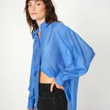 MTilda blue oversized shirt, classic point collar, office capsule staple.