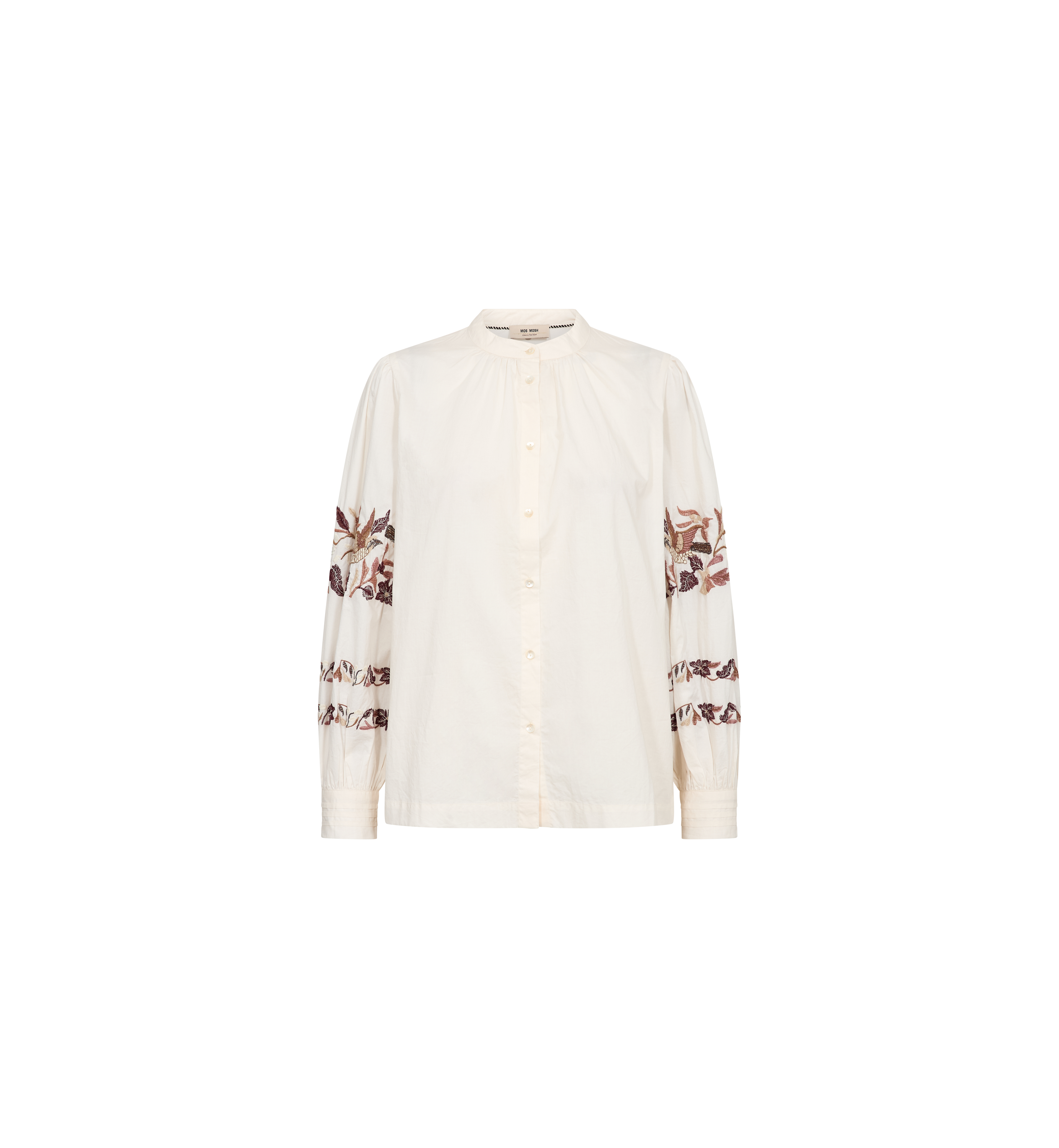 MOS MOSH Notto embroidered shirt in ecru with a band collar and openwork embroidery on the sleeves, front view