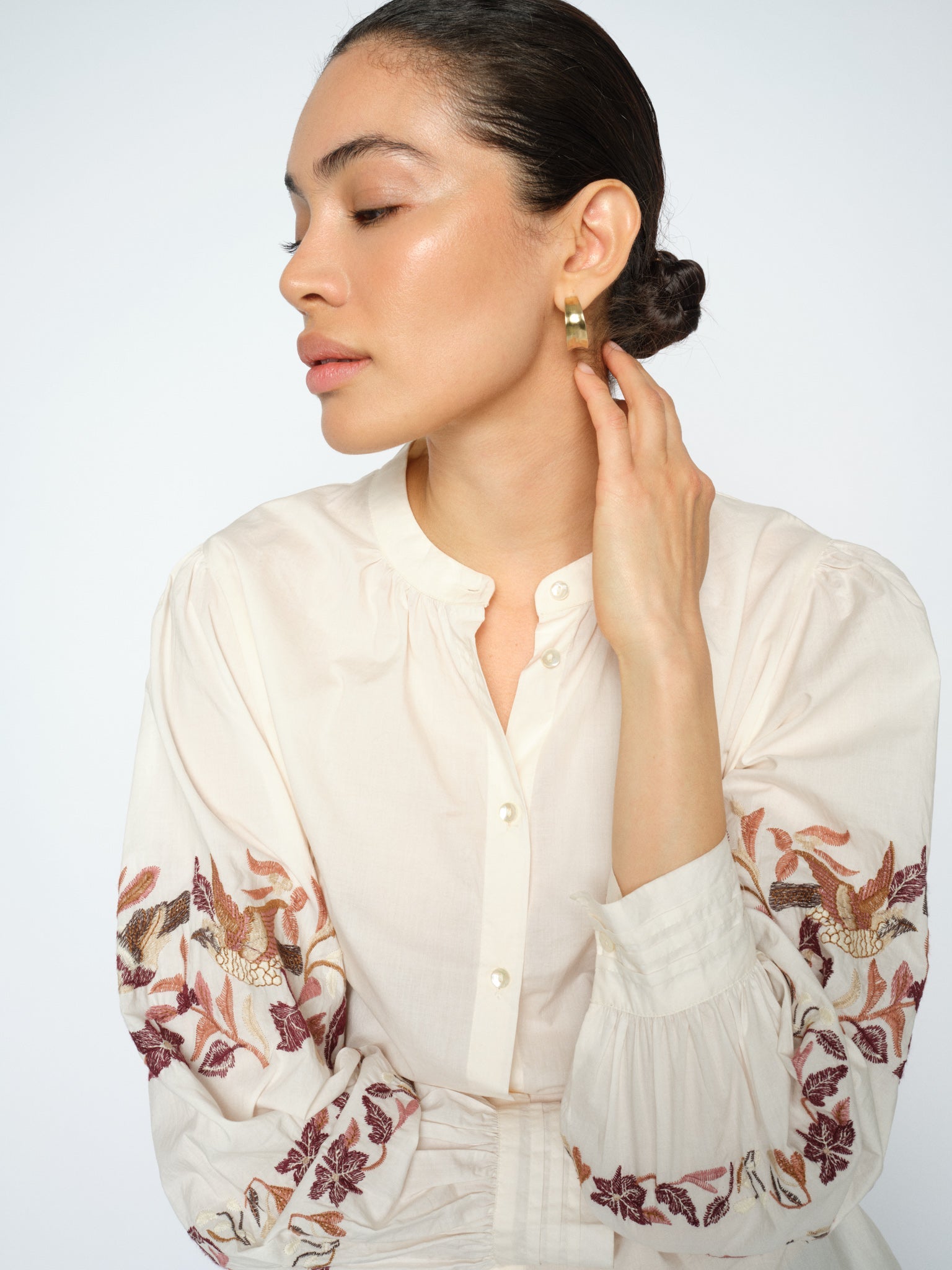 MOS MOSH Notto embroidered shirt in ecru with a band collar and openwork embroidery on the sleeves, worn by a model