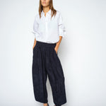 MOS MOSH Nuello Trellis 7/8 balloon trousers in salute navy with a balloon leg gathered at the ankle, worn by a model