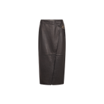 MOS MOSH Vela leather wrap skirt in black with a sculpted metal buckle, front view