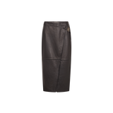 MOS MOSH Vela leather wrap skirt in black with a sculpted metal buckle, front view