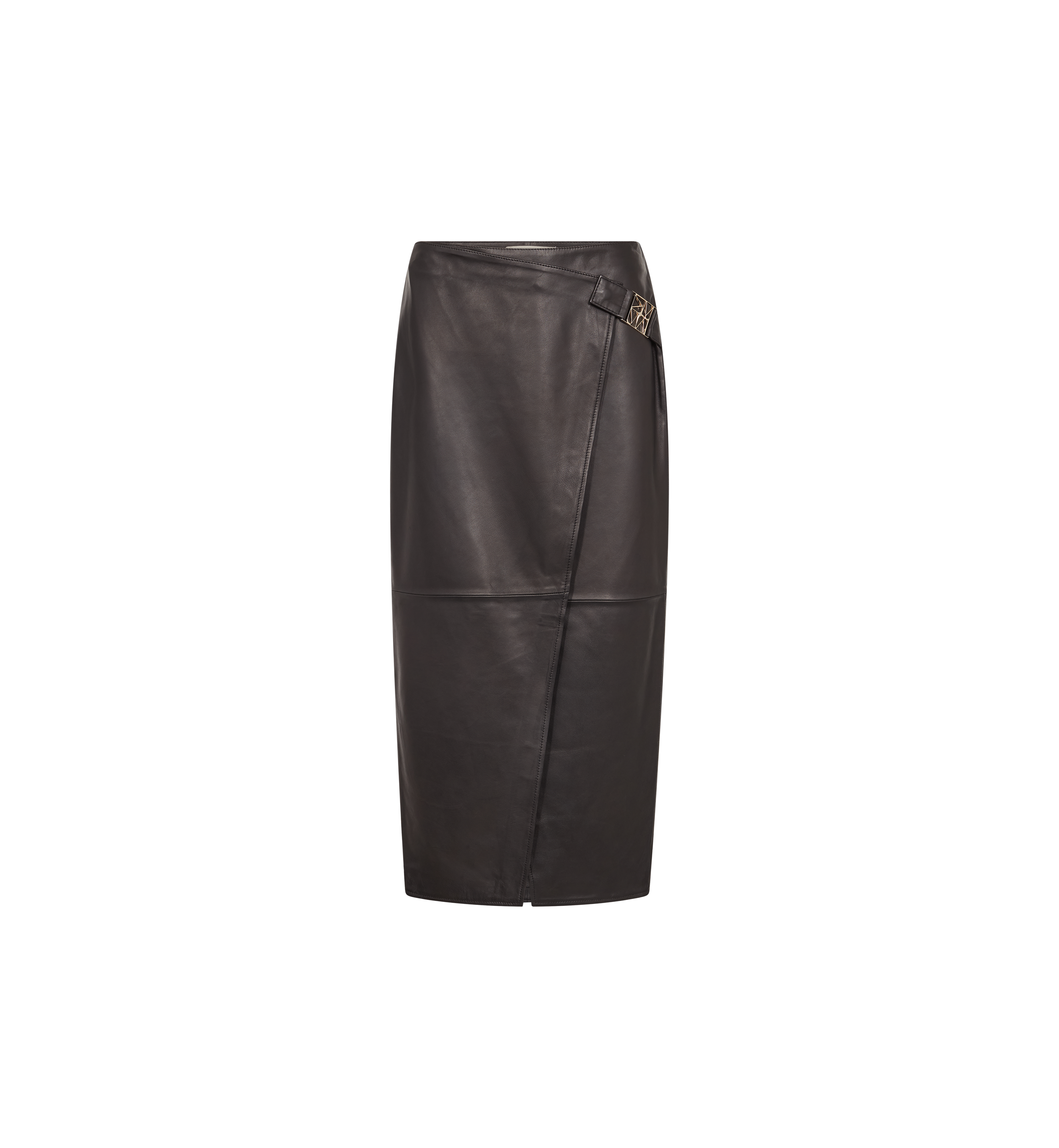 MOS MOSH Vela leather wrap skirt in black with a sculpted metal buckle, front view