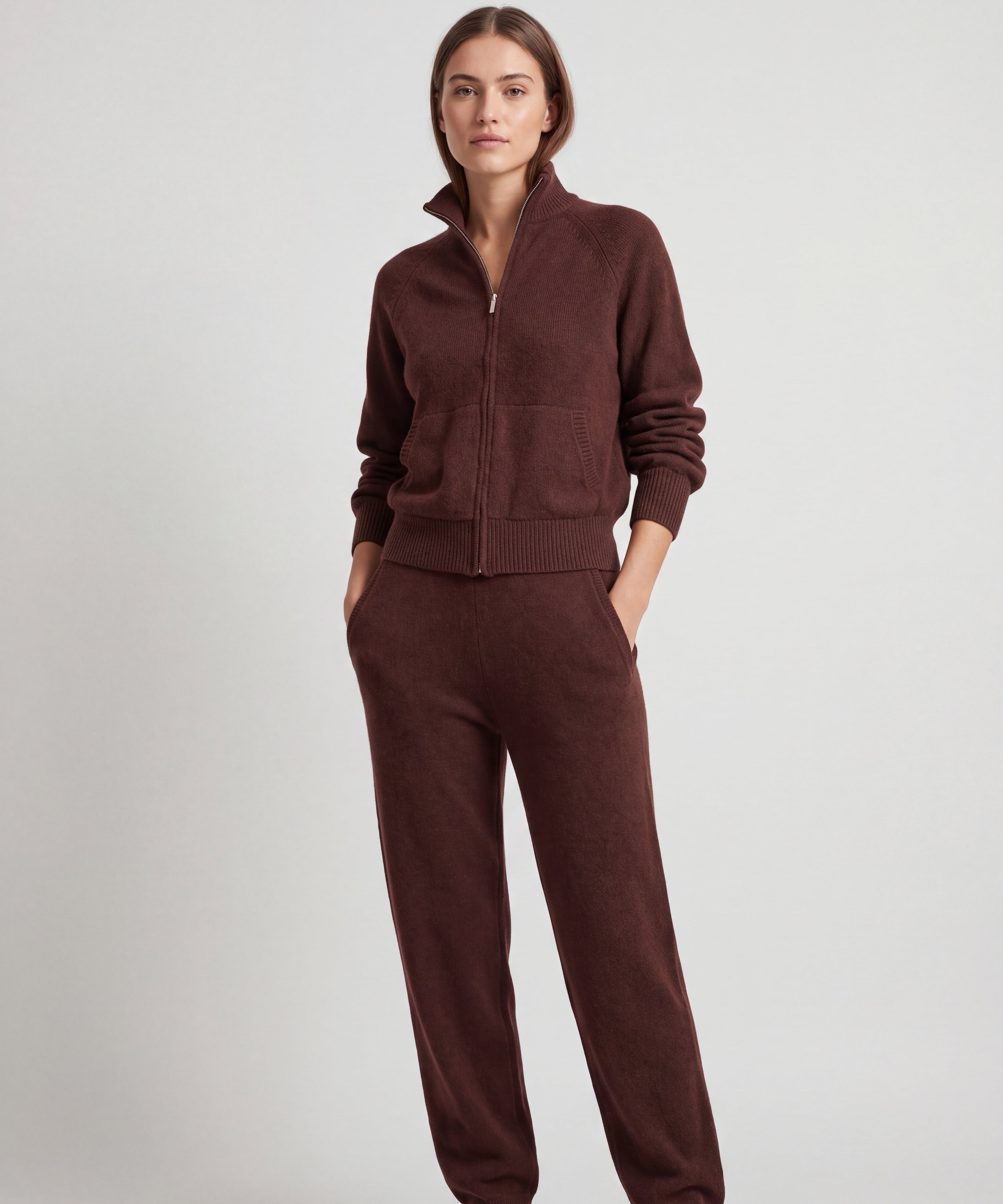 Nuage Cashmere Bomber – Chocolate – worn by a model