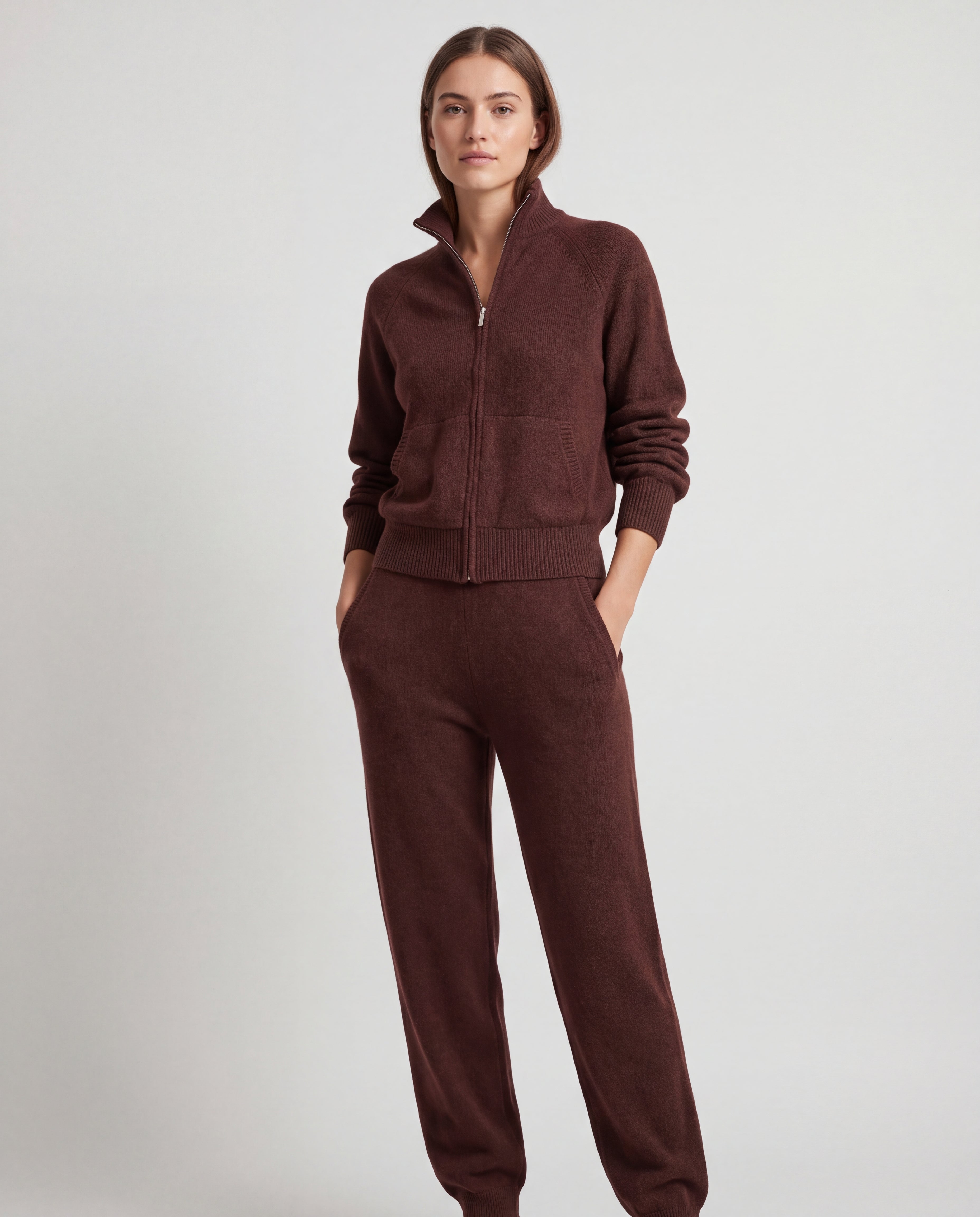 Nuage Cashmere Bomber – Chocolate – worn by a model