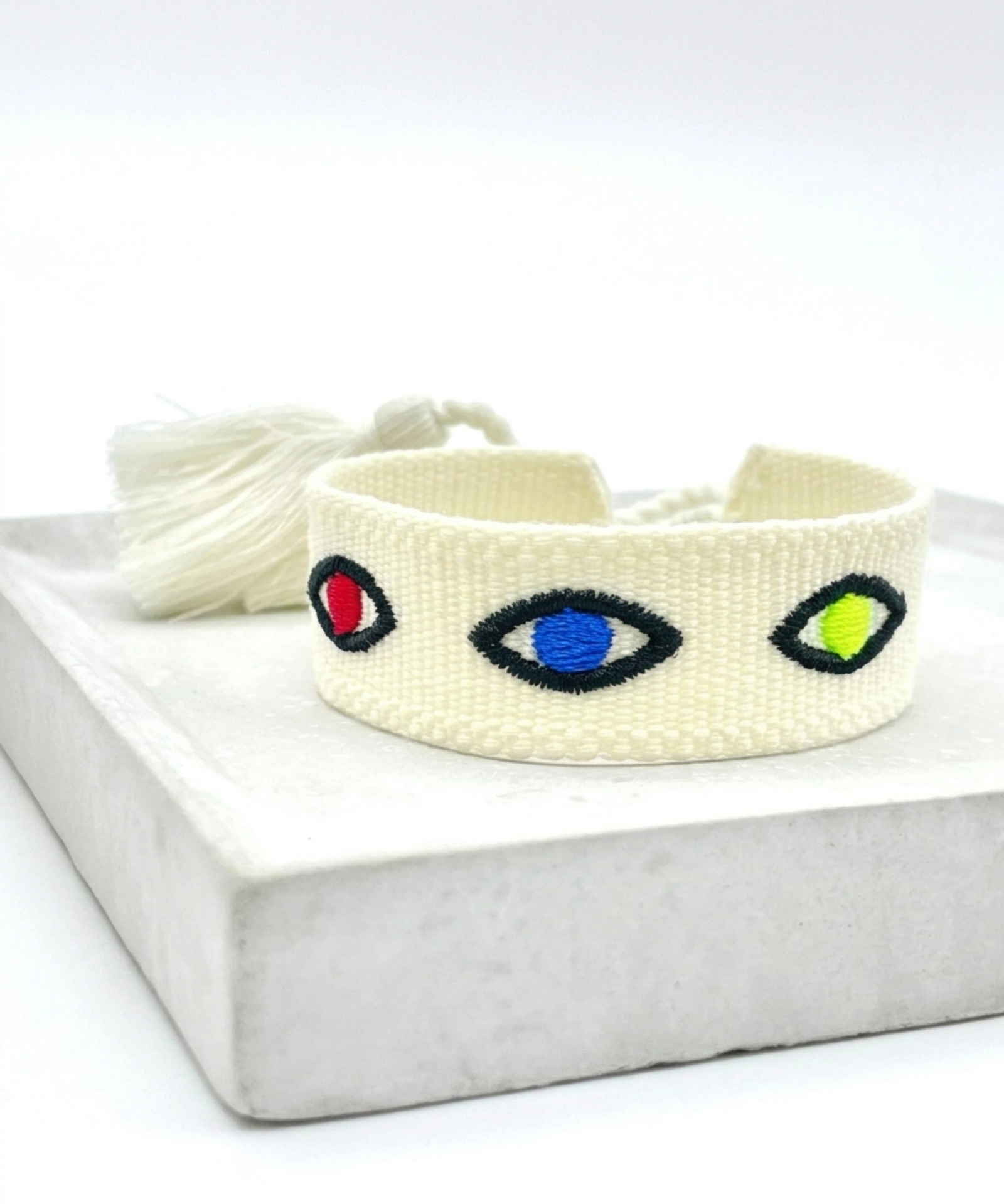 EVIL EYE Statement Woven Bracelet — Ecru by Parsley & Pepper — handwoven embroidered bracelet, front view