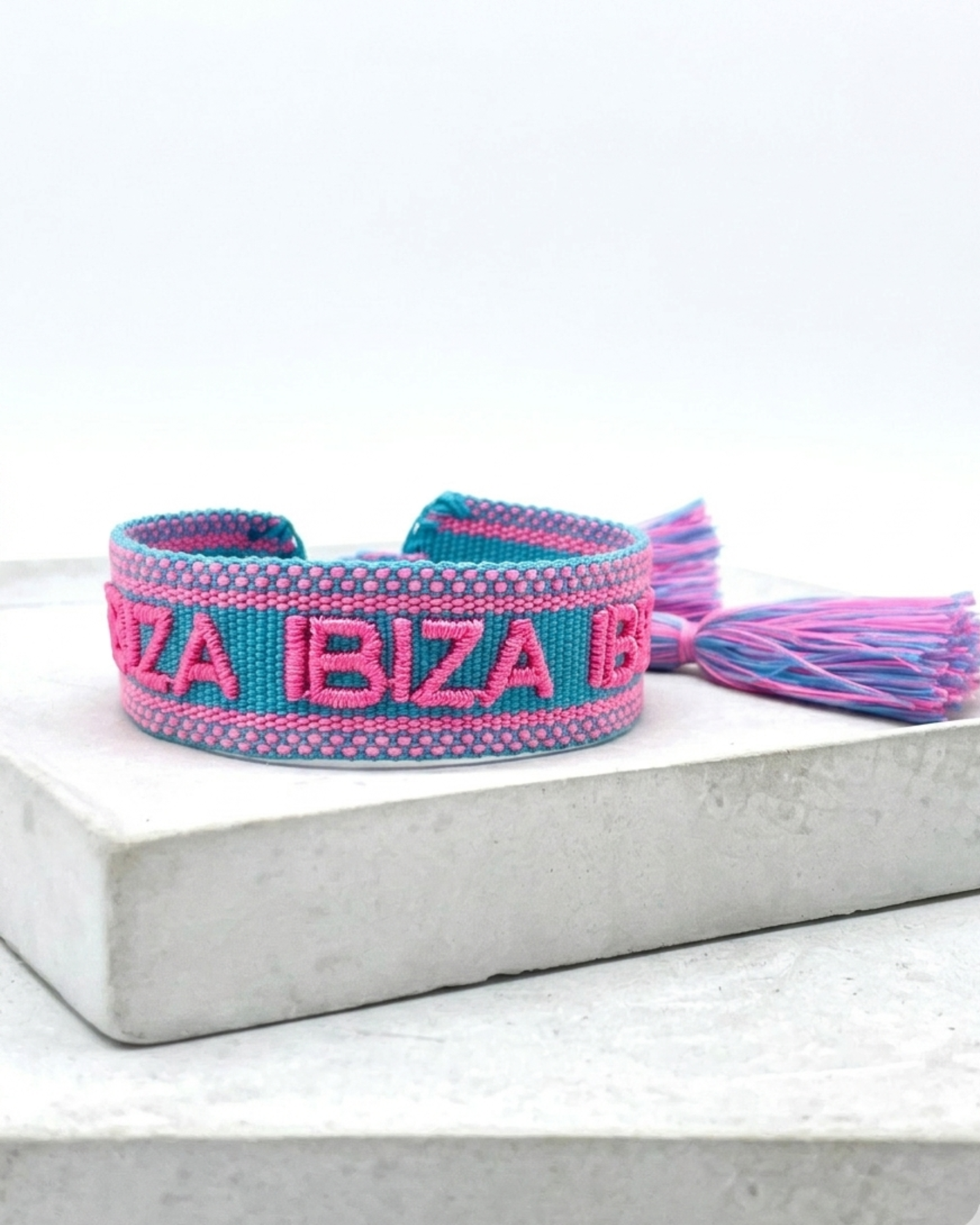 IBIZA IBIZA IBIZA Woven Statement Bracelet — Turquoise & Pink by Parsley & Pepper — handwoven embroidered bracelet, view 4