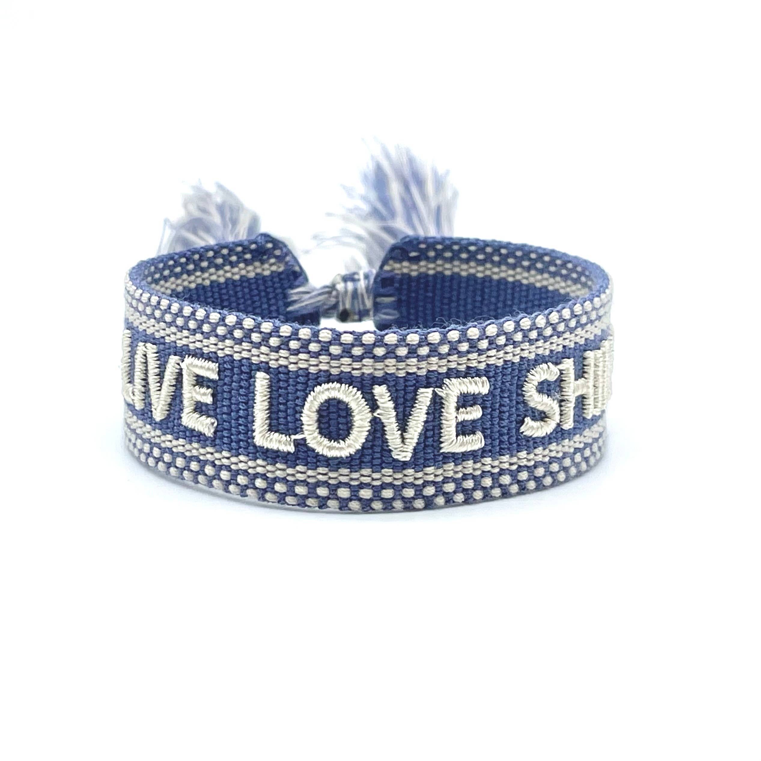 LIVE LOVE SHINE Statement Woven Bracelet — Cornflower Blue by Parsley & Pepper — handwoven embroidered bracelet, front view