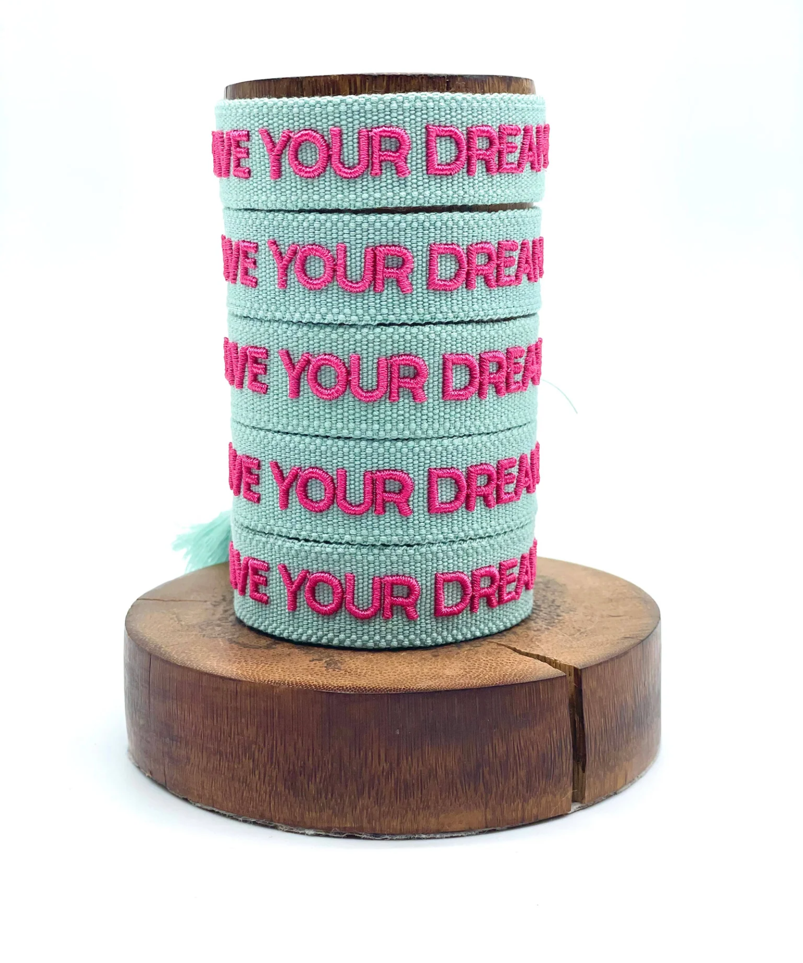 LIVE YOUR DREAMS Woven Statement Bracelet — Sage & Dark Pink by Parsley & Pepper — handwoven embroidered bracelet, view 2