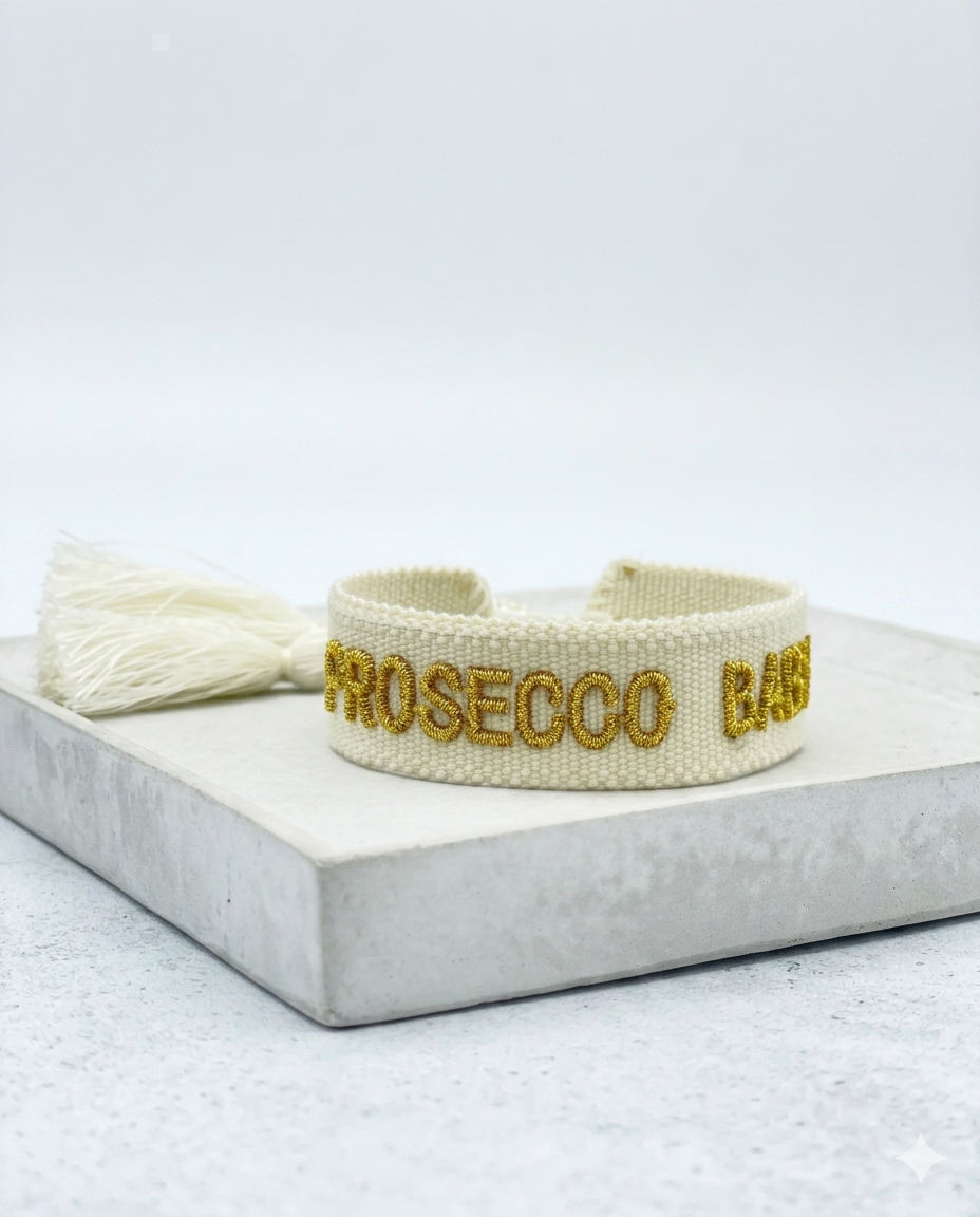 Close-up of adjustable ecru woven bracelet with gold embroidered “PROSECCO BABY” lettering and sliding knot tassel cords.