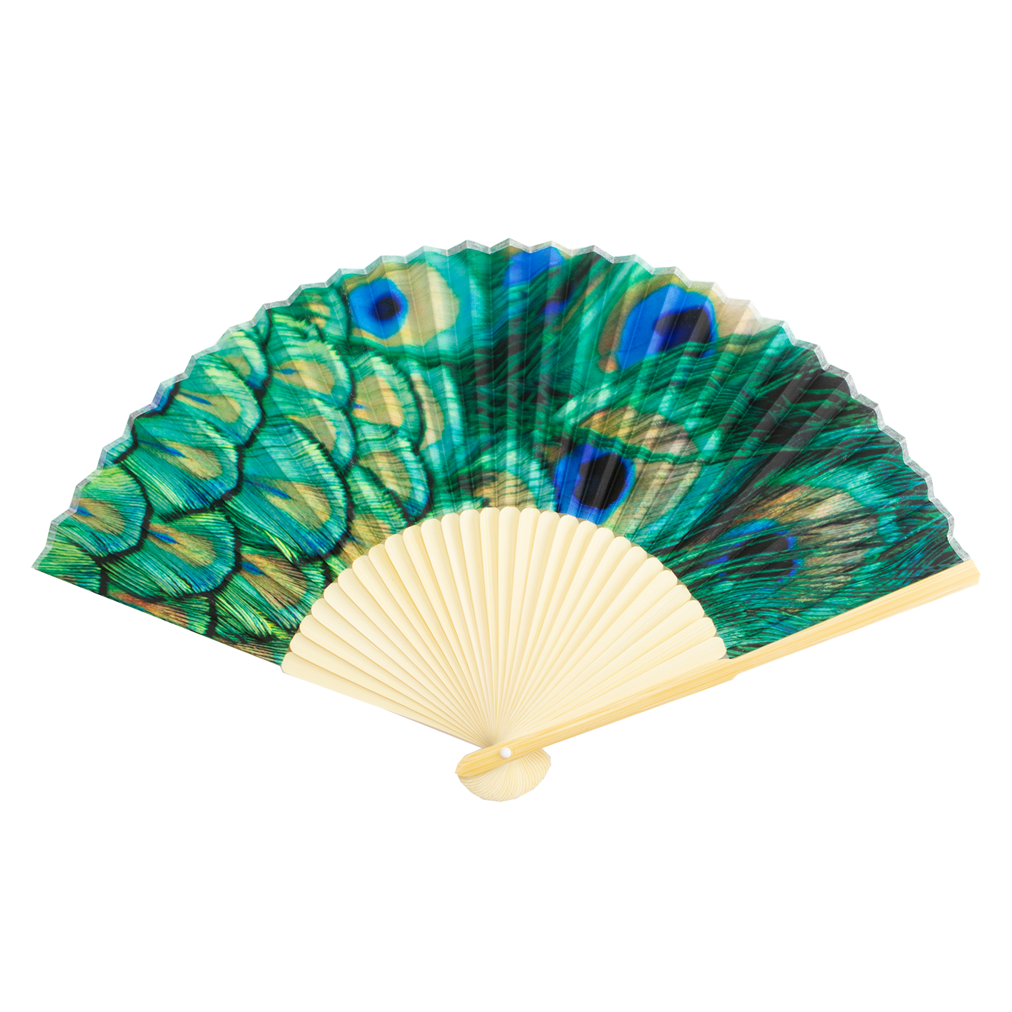 Peacock Feathers Hand Fan — bamboo folding fan with printed fabric, unfolded, with gift box