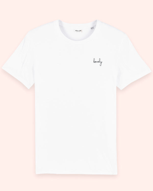Stylish white jersey tee with exquisite black hand embroidery spelling 'lovely'.
