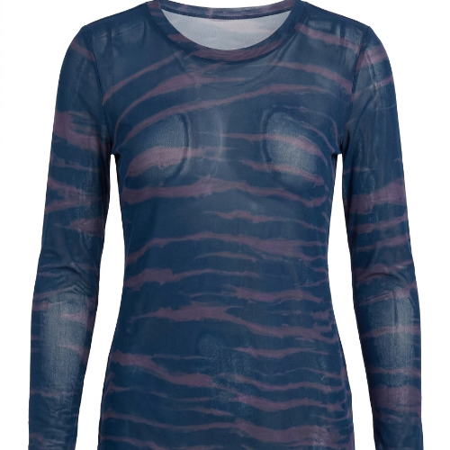 Rabens Saloner long-sleeved sheer mesh top in navy with a pink wave print