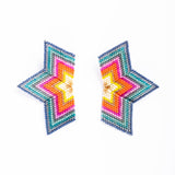 Red and emerald beaded half star earrings, featuring intricate craftsmanship with a dimensional, woven design.