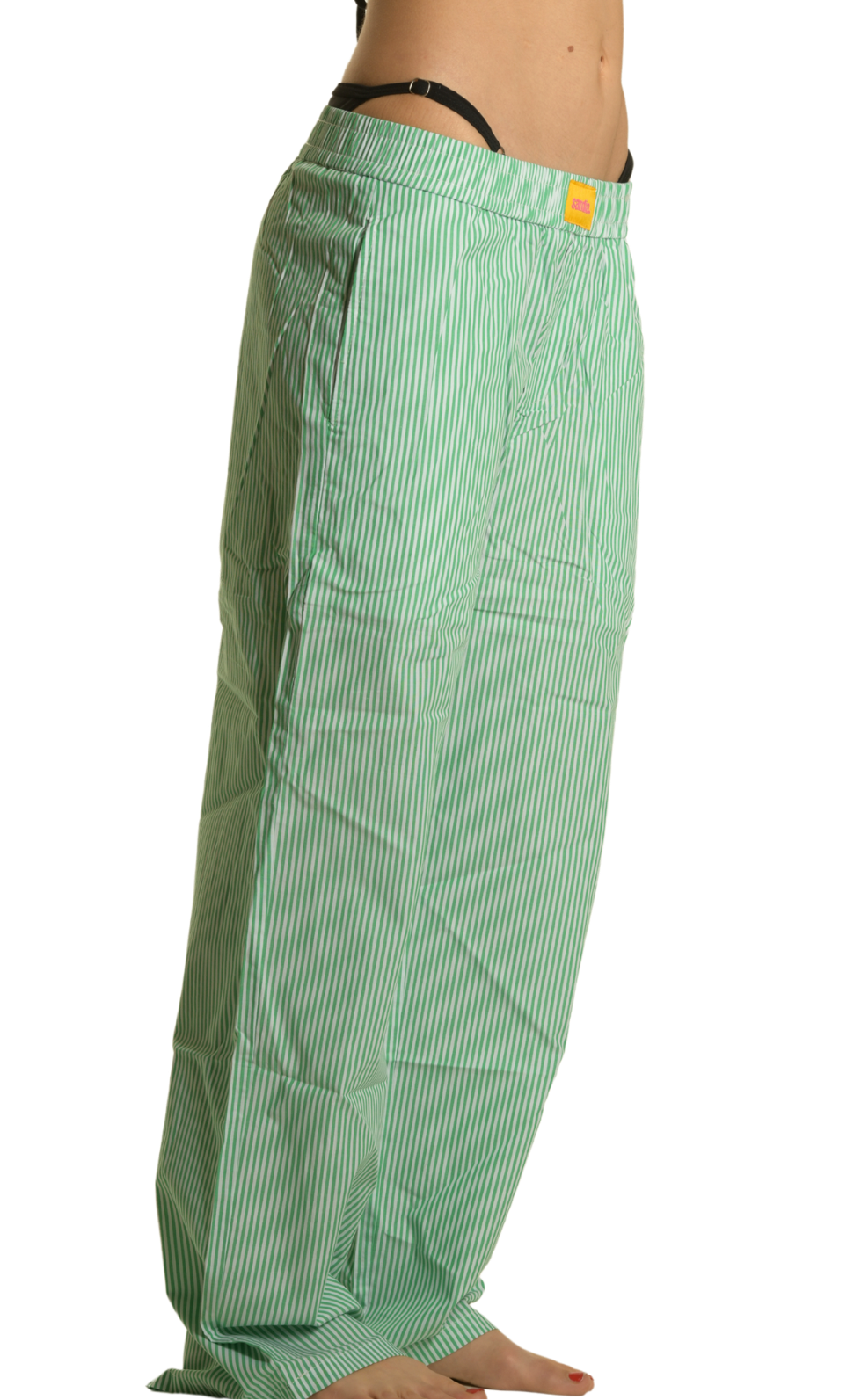 Sandia green striped cotton wide-leg pants, side view on model
