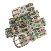 Close-up of the delicate woven details on the Adriana Handwoven Lagoon Belt, showcasing its soft color palette