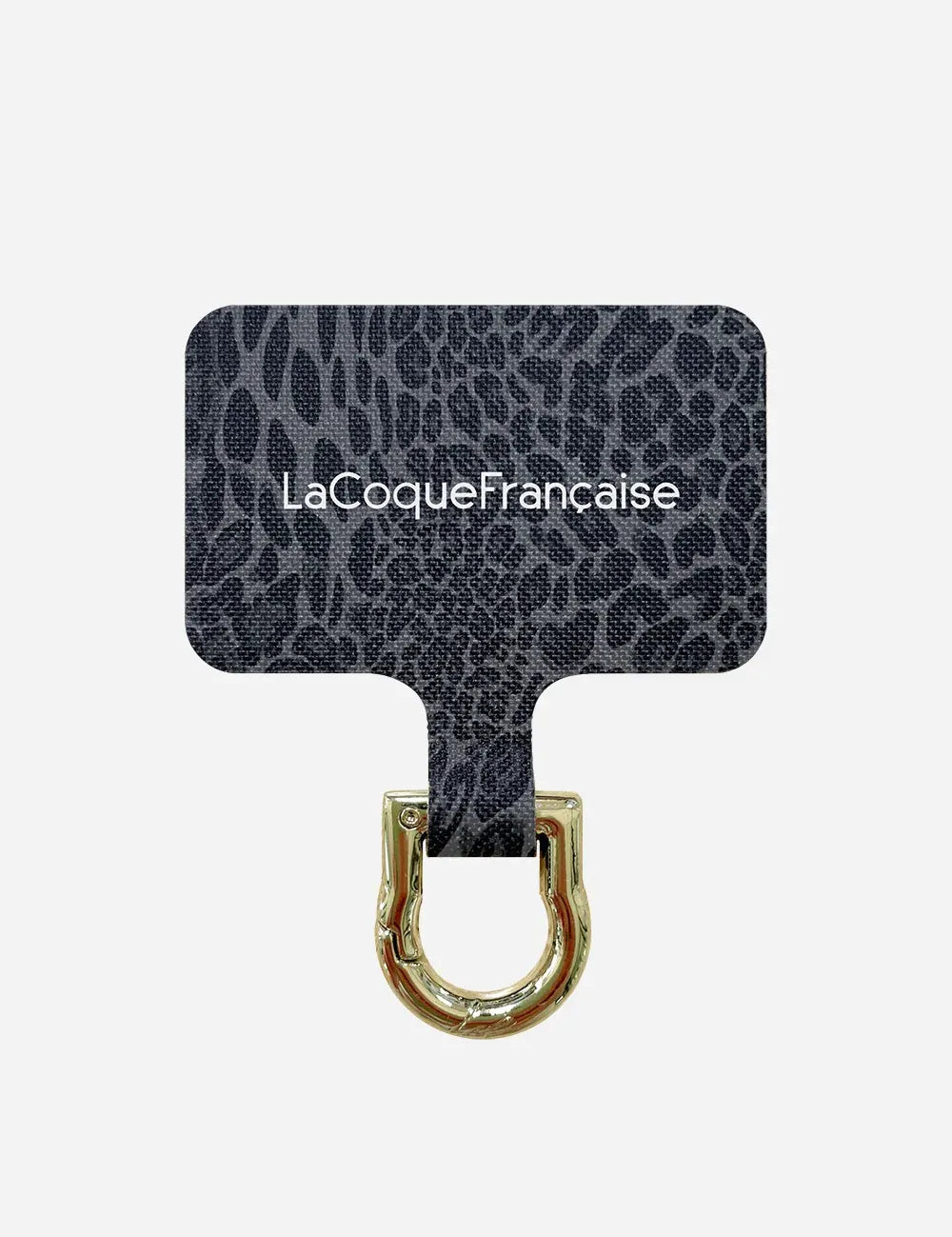 Close-up of the grey leopard phone chain connector patch featuring the gold metal attachment ring for phone chains