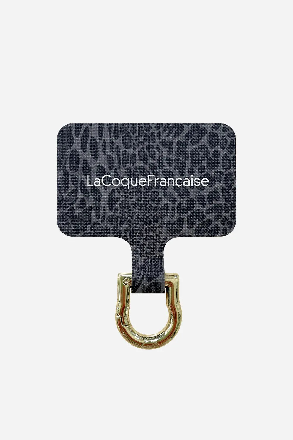 Close-up of the grey leopard phone chain connector patch featuring the gold metal attachment ring for phone chains