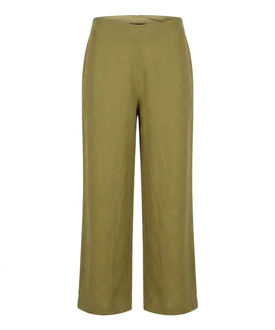 Van Palma Lune wide-leg linen trousers in olive green, front view