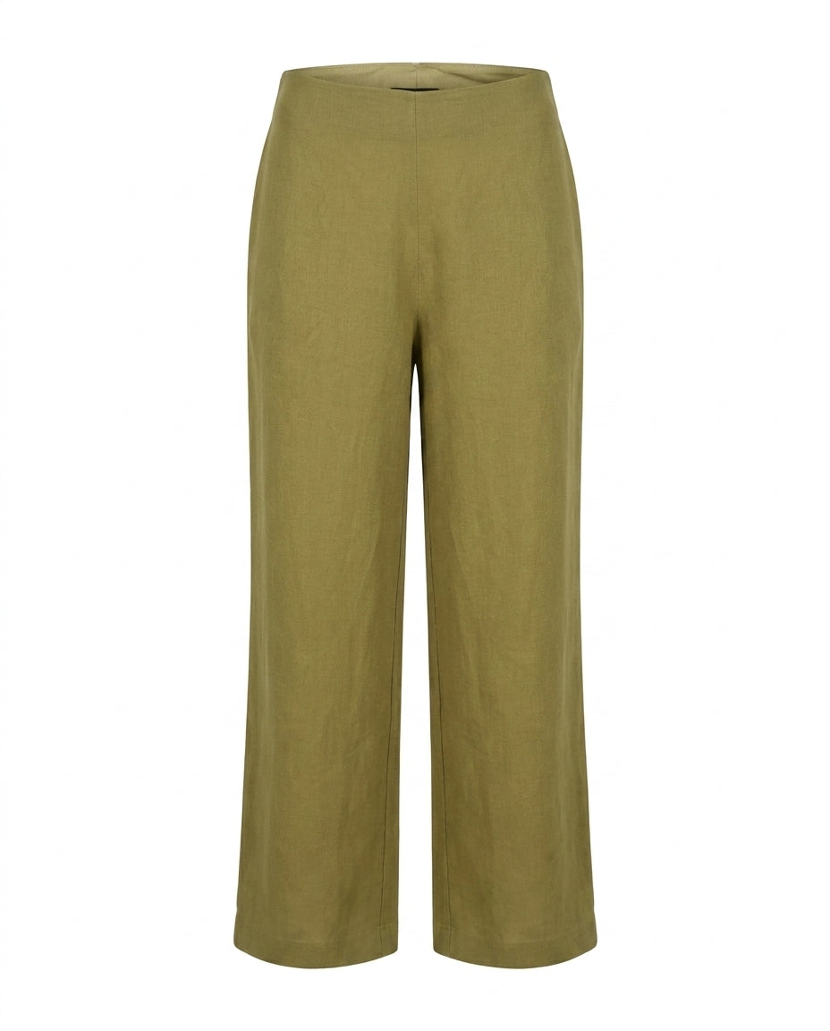 Van Palma Lune wide-leg linen trousers in olive green, front view