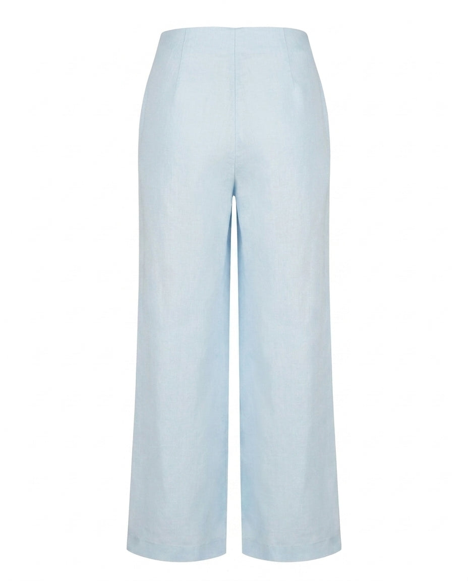 Van Palma Lune wide-leg linen trousers in sky blue, back view
