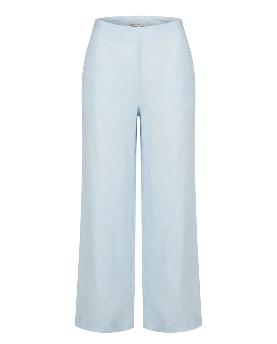 Van Palma Lune wide-leg linen trousers in sky blue, front view