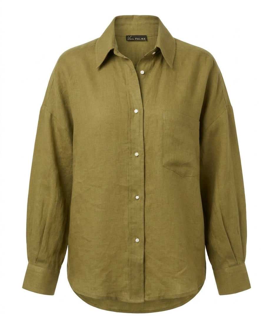 Oversized Linen Shirt – Olive Green – front view