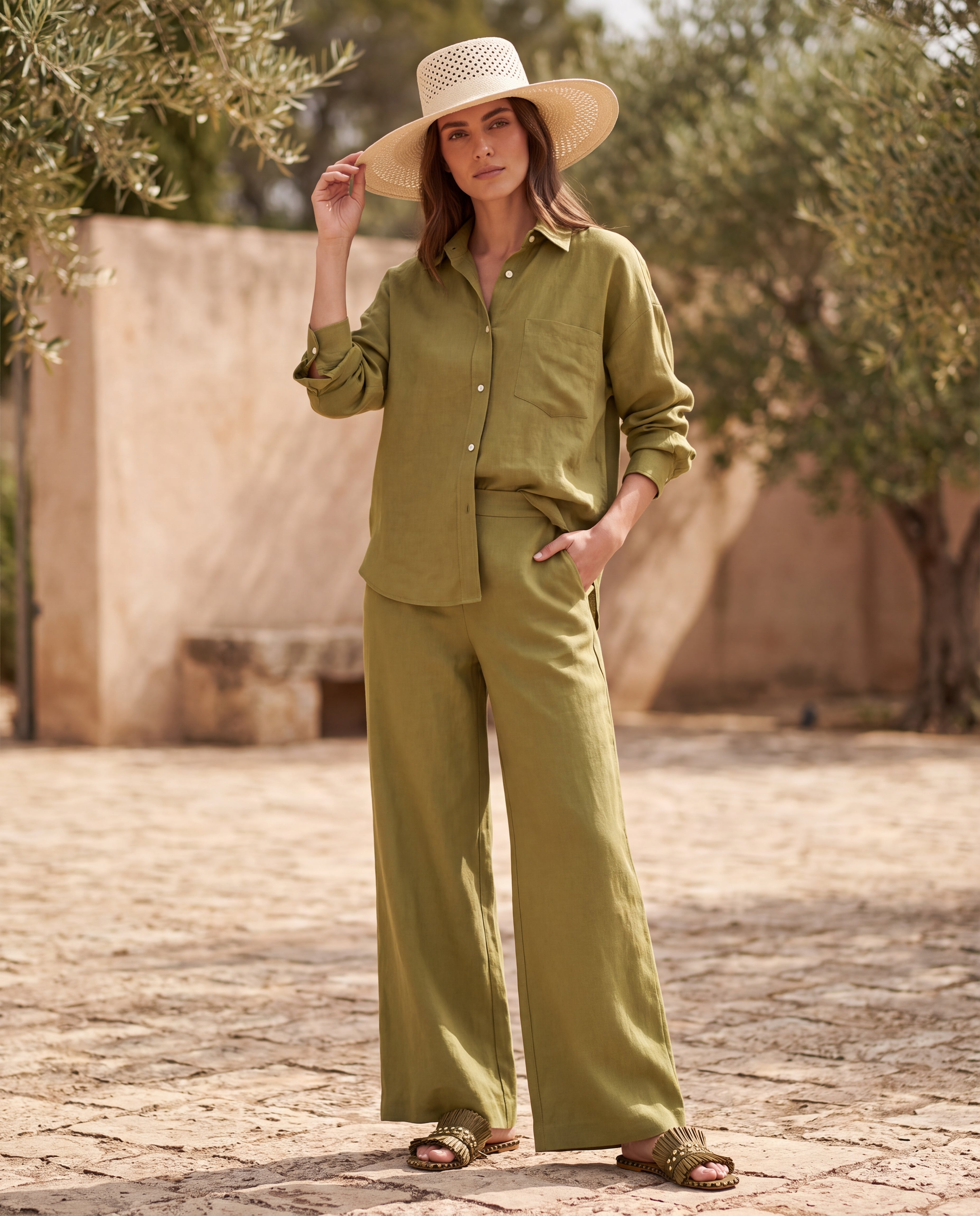 Oversized Linen Shirt – Olive Green – view 3
