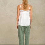 Full-length rear view of a model showcasing the straight back design and lace trim of a white camisole.