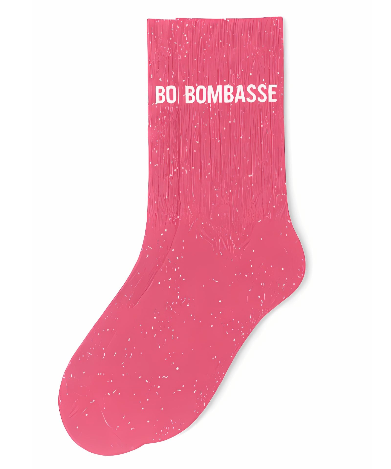 Side profile view of the bubble gum pink glitter sock showing the comfortable elasticated ankle and the bold white BOMBASSE wording detail.
