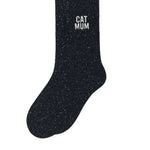 Side profile view of the black glitter sock showing the comfortable elasticated ankle and the clean white CAT MUM wording detail.