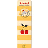 The yellow folding fan with cherry print neatly packed inside its slim, matching vertical designer gift box, ready for presentation.