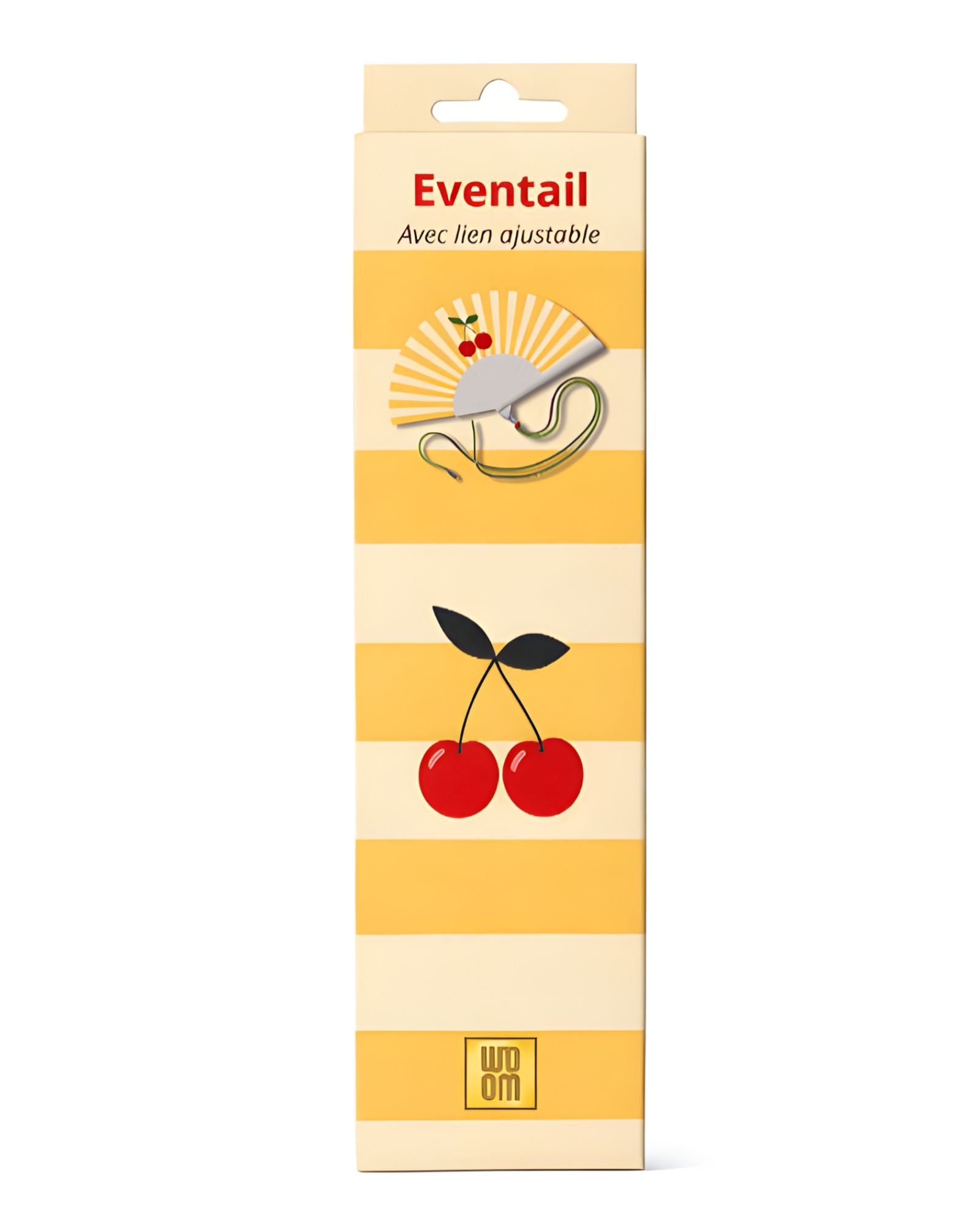 The yellow folding fan with cherry print neatly packed inside its slim, matching vertical designer gift box, ready for presentation.