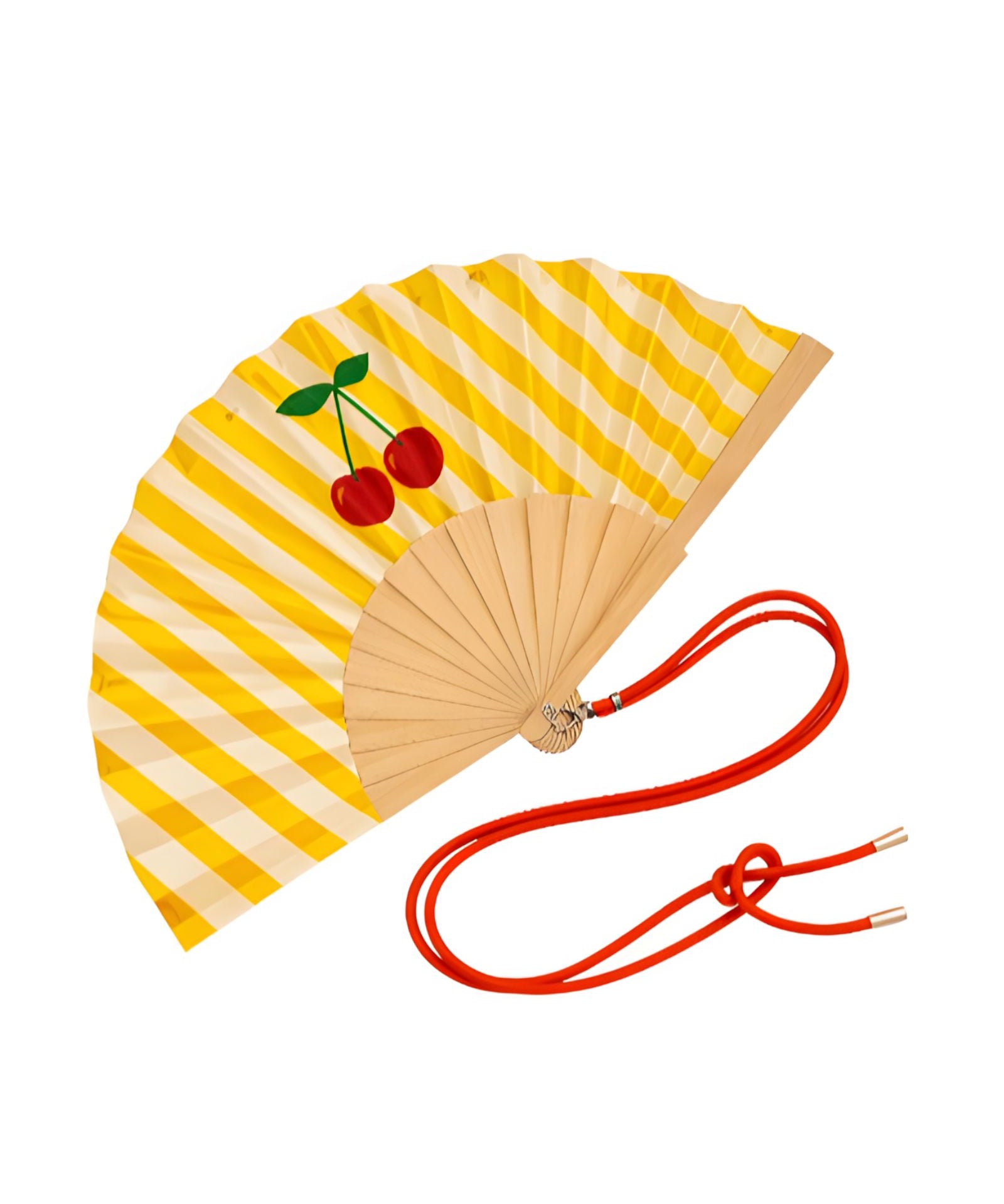Close-up view of the opened yellow striped wooden fan, showcasing the vibrant cherry graphics, fabric texture, and attached red contrast cord.
