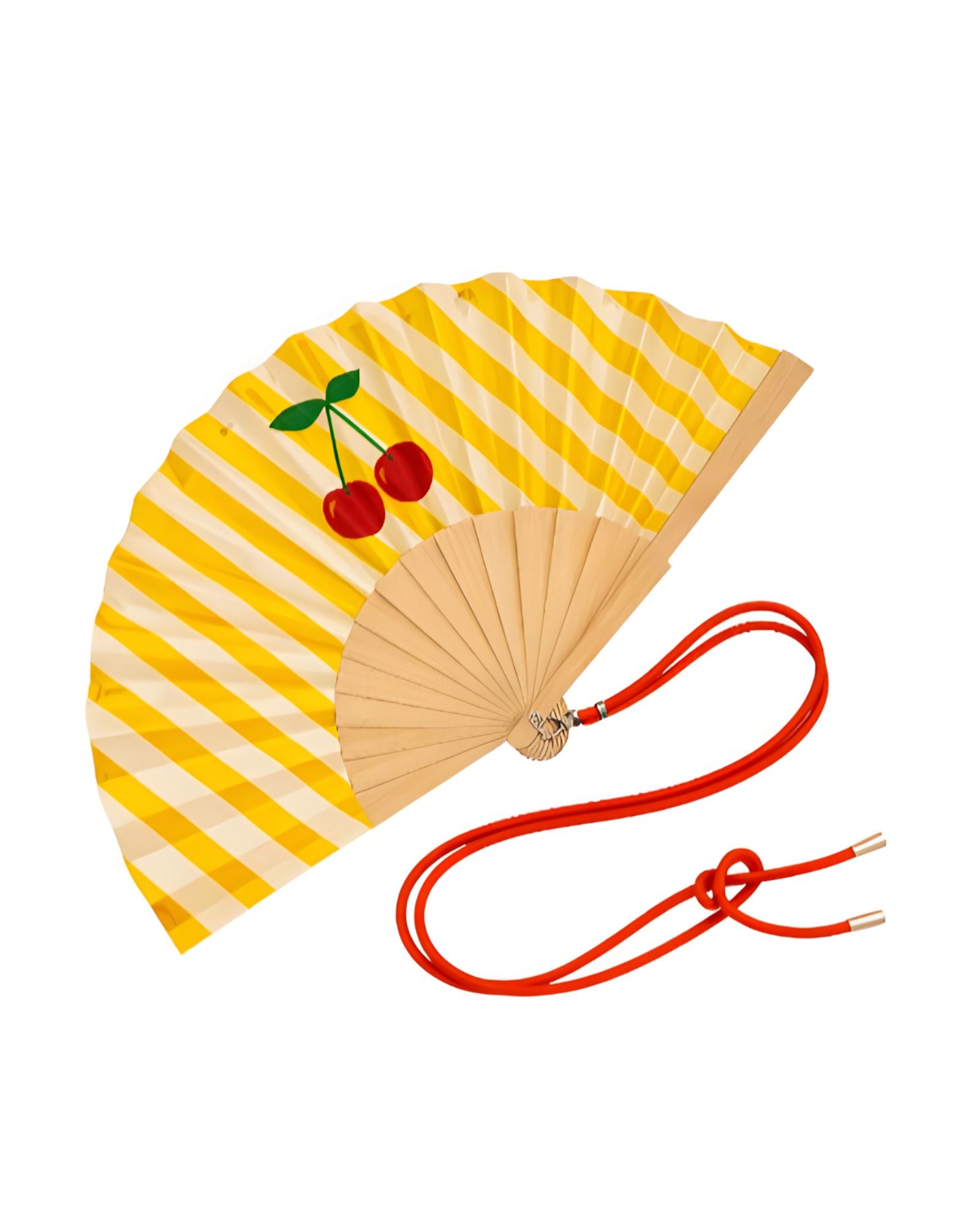 Close-up view of the opened yellow striped wooden fan, showcasing the vibrant cherry graphics, fabric texture, and attached red contrast cord.