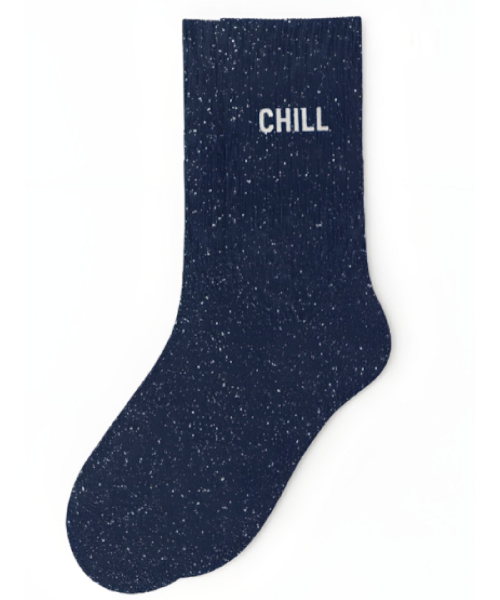 Deep navy blue glitter message socks with a white jacquard CHILL inscription at the ankle, presented in their original Woom paper packaging.