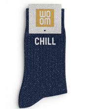 Side profile view of the navy blue glitter sock showing the comfortable elasticated ankle and the clean white CHILL wording detail.