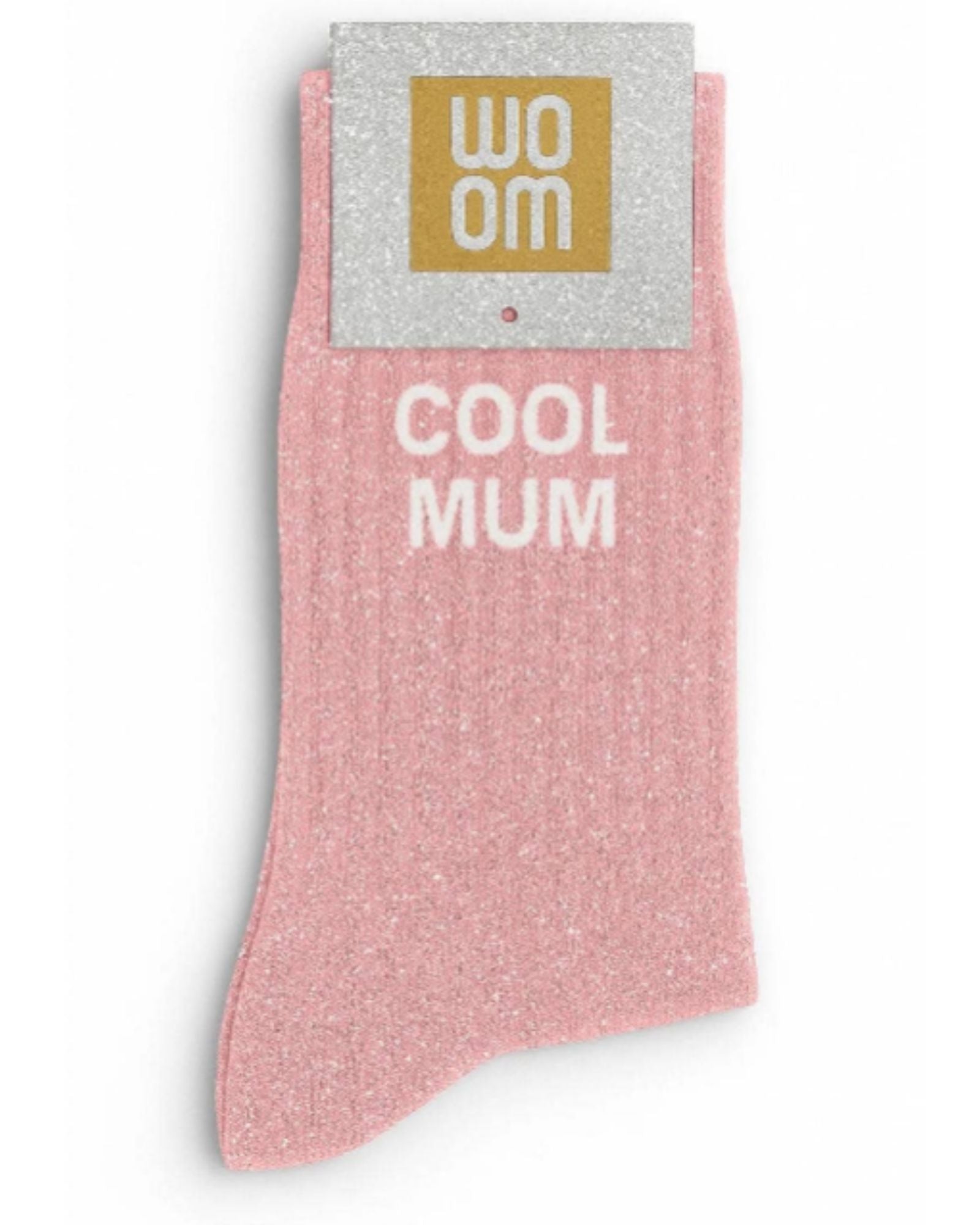 Lovely pink glitter message socks with a white jacquard COOL MUM inscription at the ankle, presented in their original Woom paper packaging.