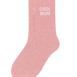 Side profile view of the pink glitter sock showing the comfortable elasticated ankle and the clean white COOL MUM wording detail.